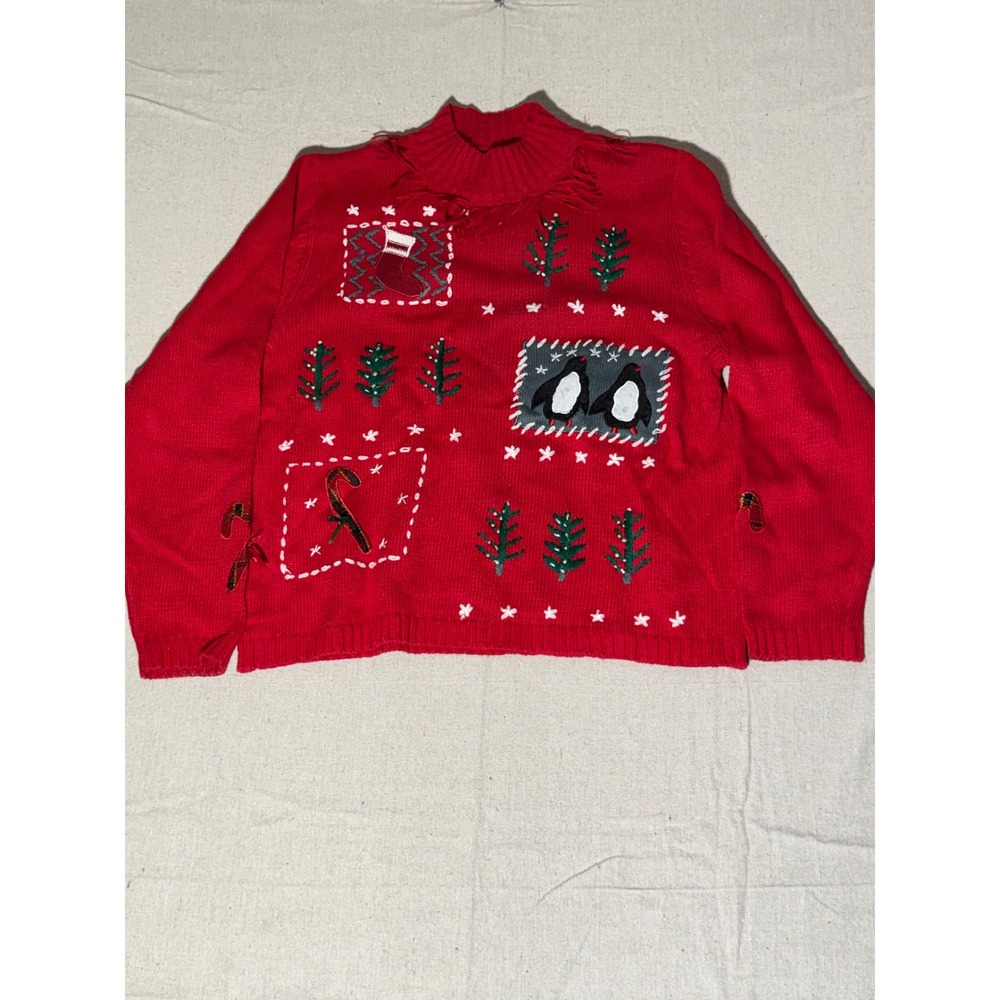 All Points Reference Point Red Holiday Penguin Candy Cane Knit Sweater Large